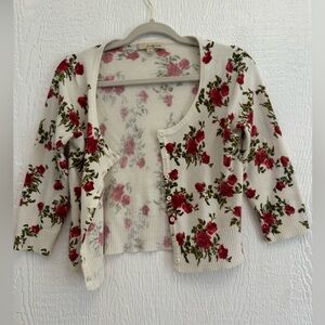 Forever Rose Cardigan 3/4 sleeve crop white floral button down sweater Size L